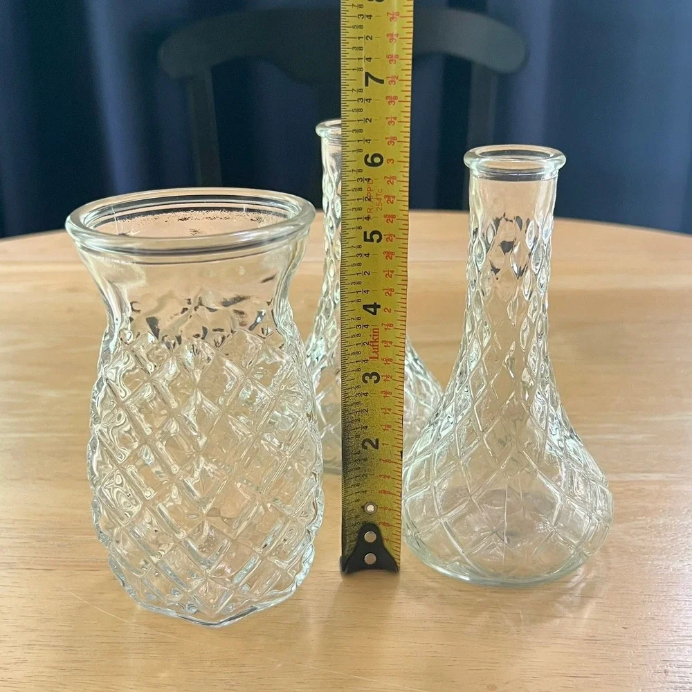 Vintage Clear Pressed Glass Bud Vase Set Diamond Quilted Pattern Trio 3 Piece